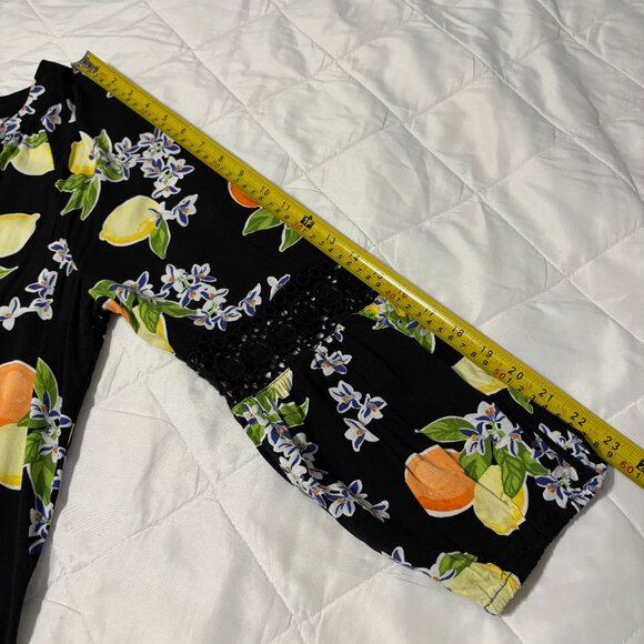 Crown‎ & Ivy XL Black Citrus Lemons Oranges Boho Dress Pom Trim Crochet Rayon - Picture 14 of 15